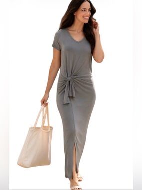 Modal Maxi Shirt Dress Short Sleeve Side Knot Side Slit Gray Hummingbird